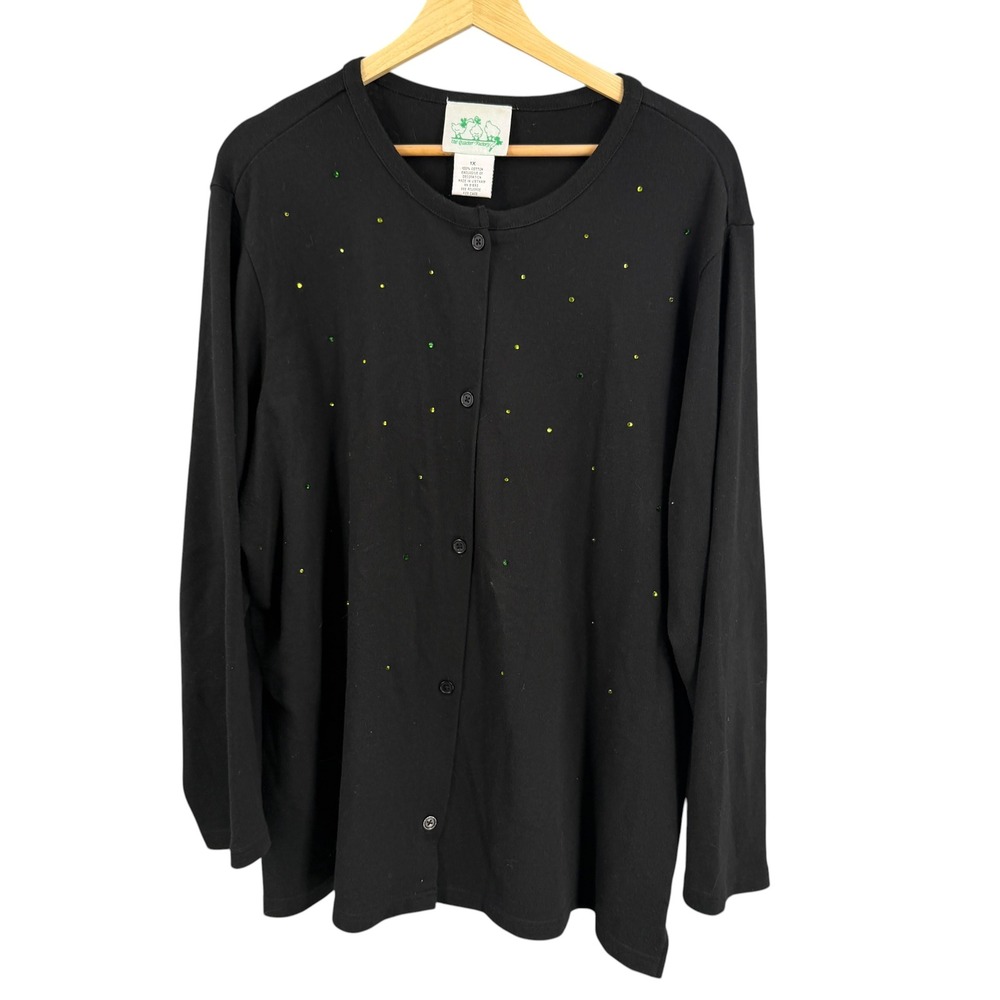 Quacker Factory Cardigan Size 1X Black Rhinestone Embellished 100% Cotton